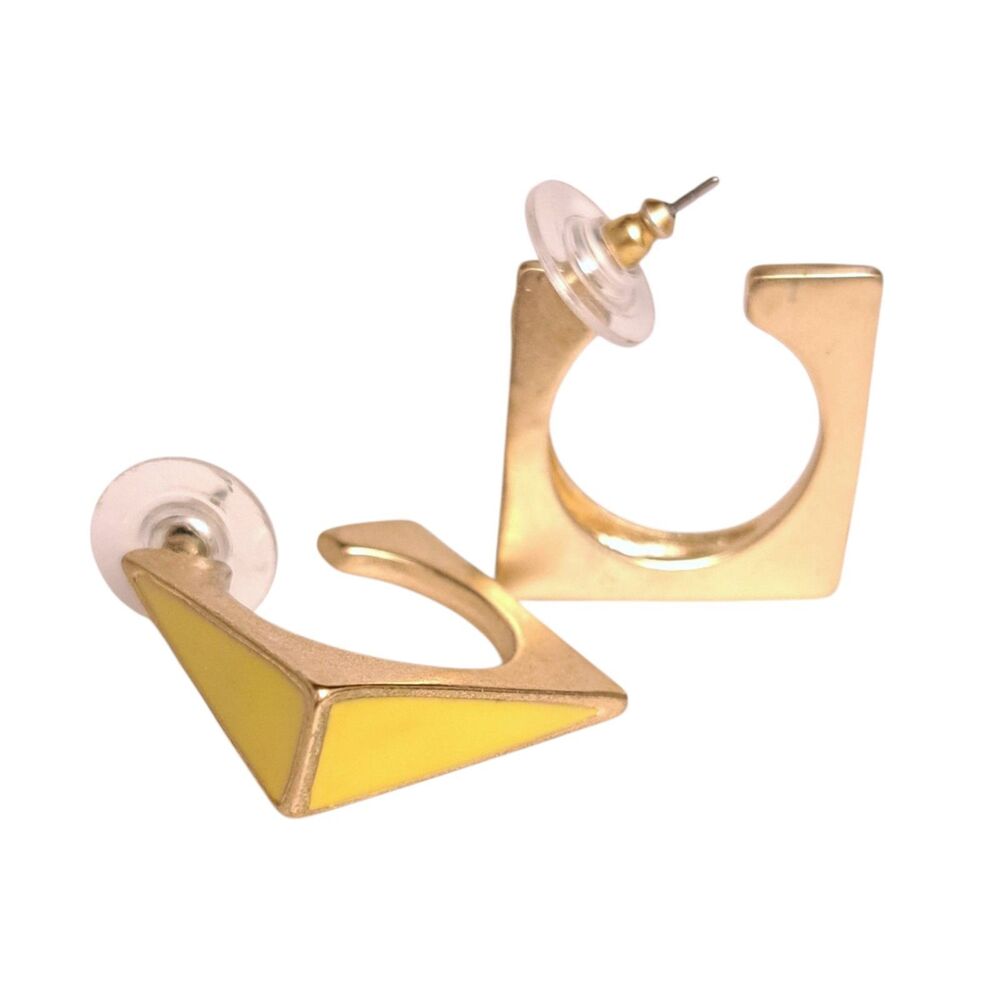 Vintage Unique Square Earrings Gold Tone With Yellow Enamel Studs